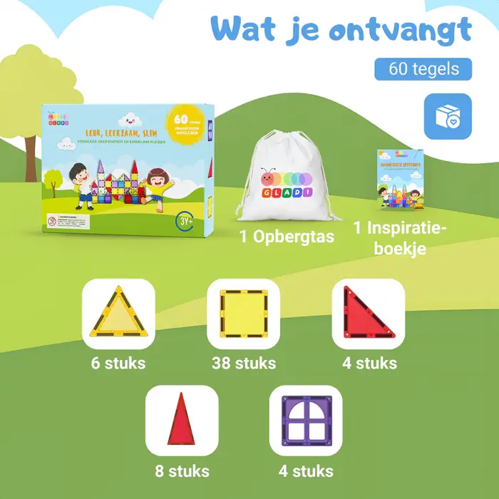 Gladi Tiles Pastel magnetisch educatief speelgoed 60-delig – kleurrijke bouwtegels voor kinderen