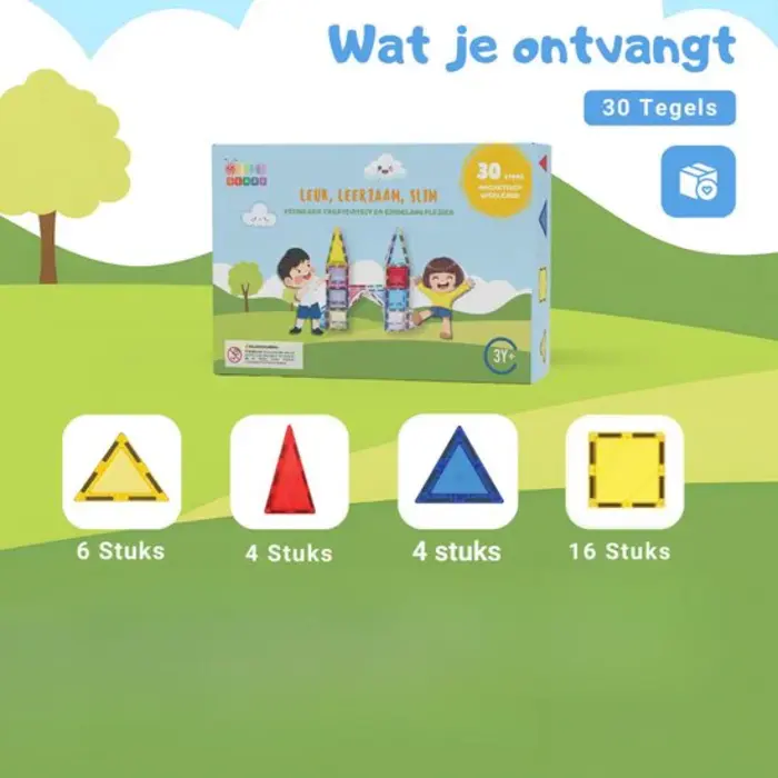 Gladi Tiles Pastel magnetisch educatief speelgoed 30-delig – kleurrijke bouwtegels voor kinderen