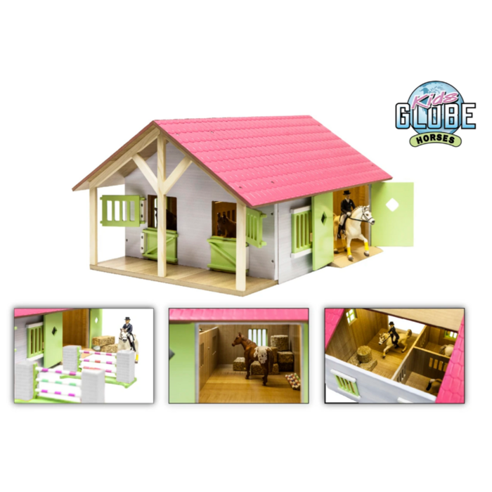 Kids Globe paardenstal hout met 2 boxen en berging roze 1:24 – Speelgoed paardenstal | Onderdeel