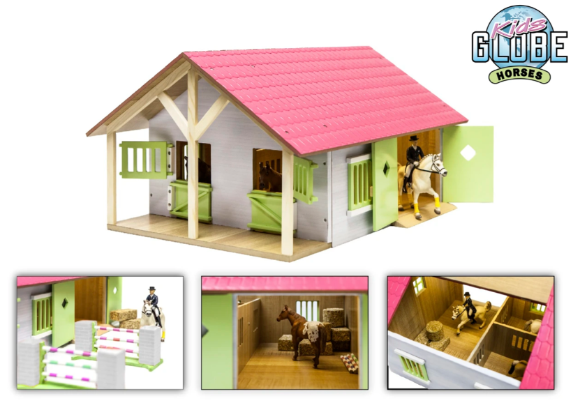 Kids Globe paardenstal hout met 2 boxen en berging roze 1:24 – Speelgoed paardenstal | Onderdeel