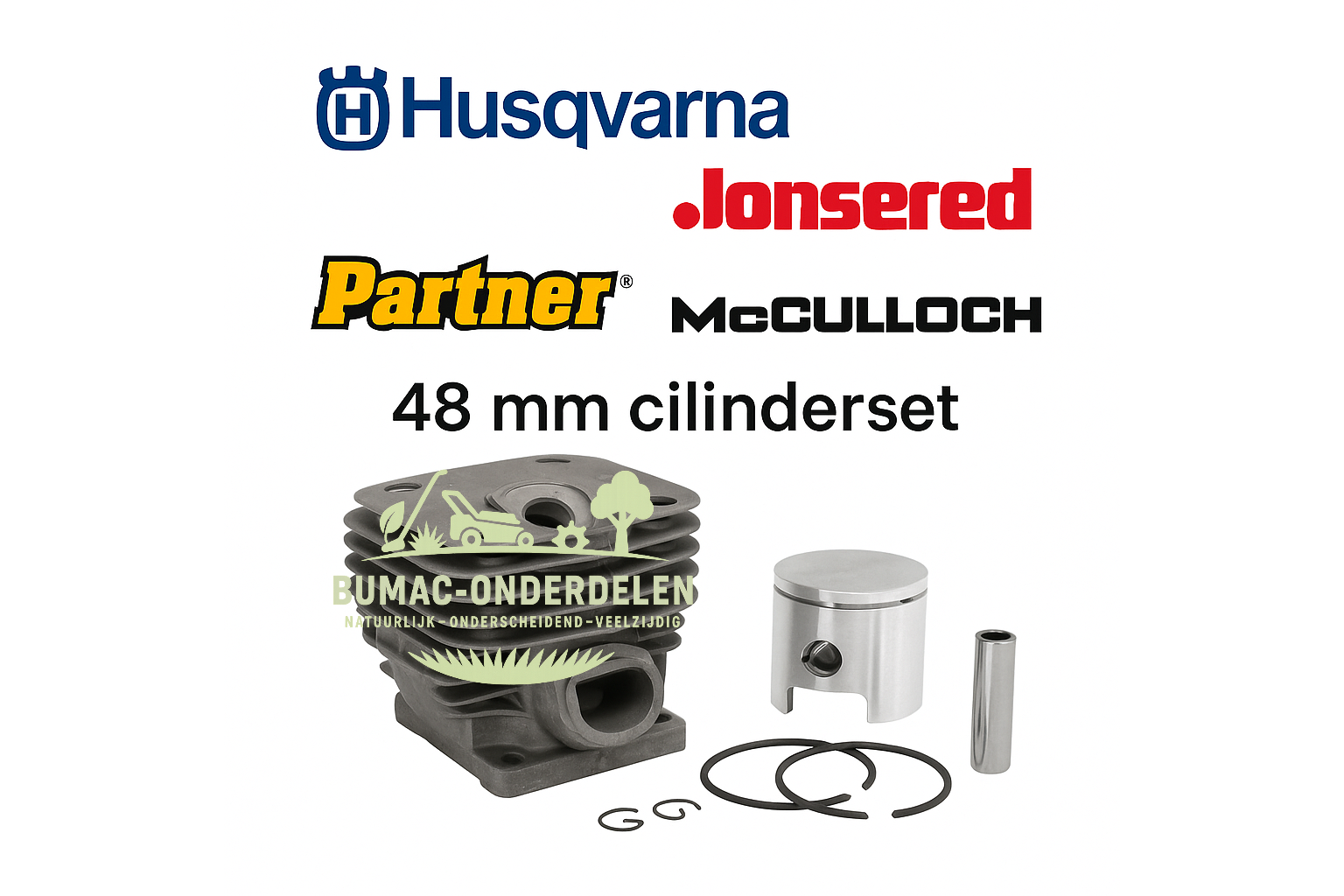 Cilinderset 48 mm voor Husqvarna 60, 61, 162, 162SE, 200 en 254 | Jonsered 625, 630, 670 | Partner 5000, R16, R20 | McCulloch PM-serie | Onderdeel