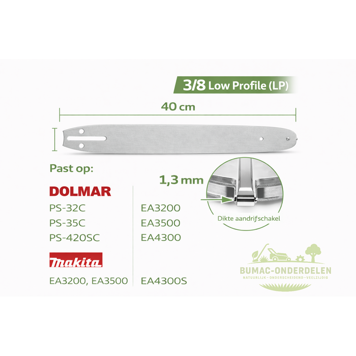 Zaagblad onderdeel 40 cm 3/8 Low Profile 1,3 mm sterneus voor Makita UC4030A UC4041A UC4051A en Dolmar 350 C PS-35C