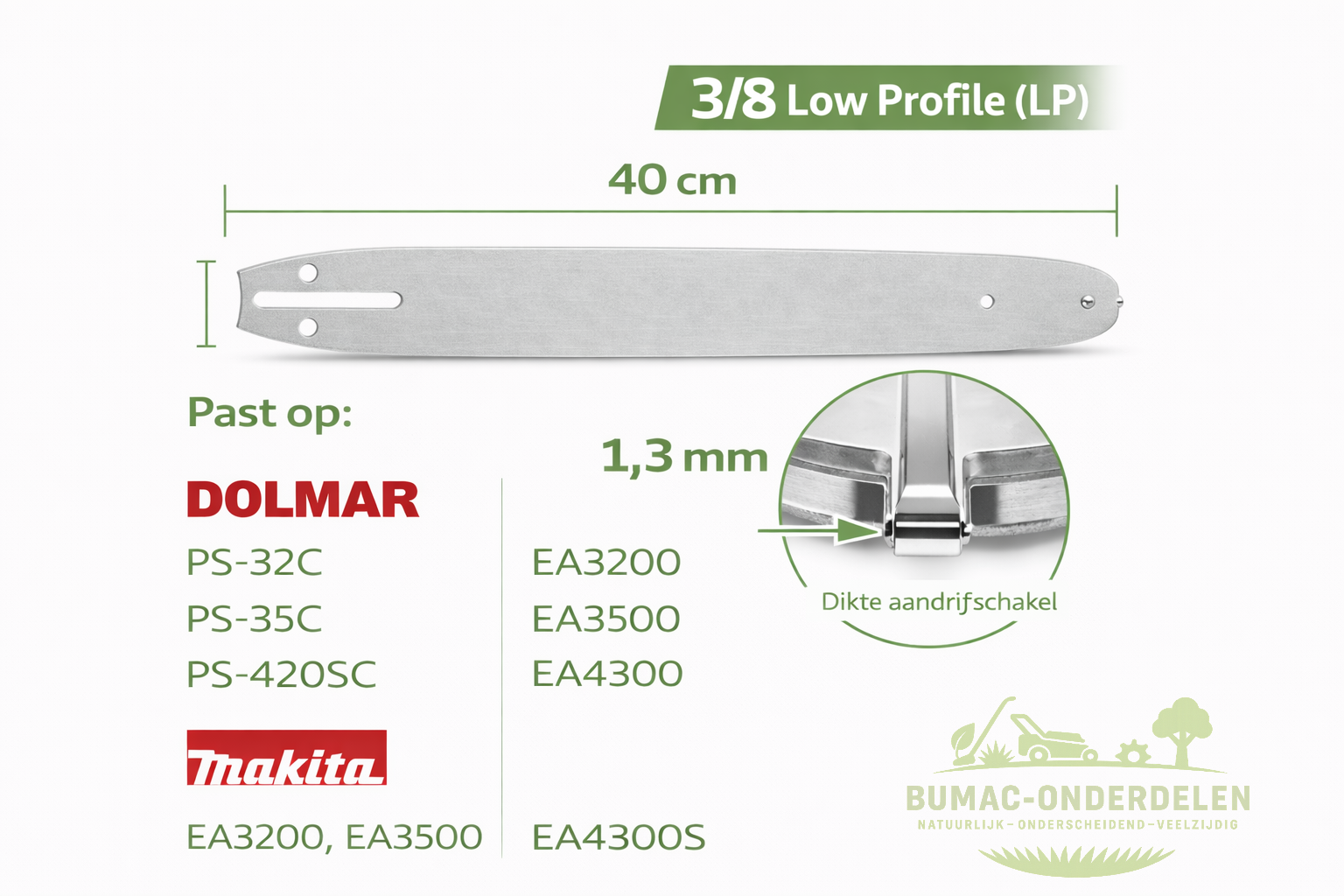 Zaagblad onderdeel 40 cm 3/8 Low Profile 1,3 mm sterneus voor Makita UC4030A UC4041A UC4051A en Dolmar 350 C PS-35C