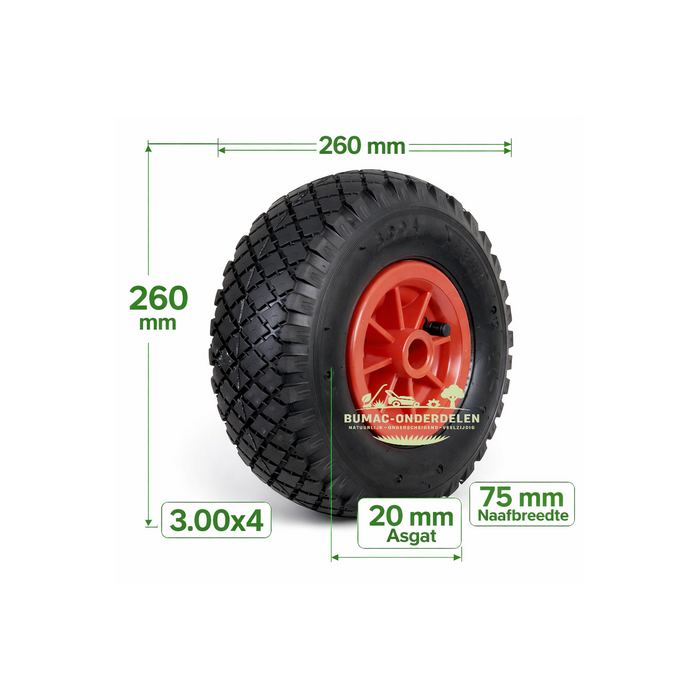 Luchtbandwiel 260 mm 3.00x4 (3.00-4 / 260x85) – kruiwagen wiel / universeel wiel – 20 mm as – 75 mm naaf – kunststof velg – 2PR