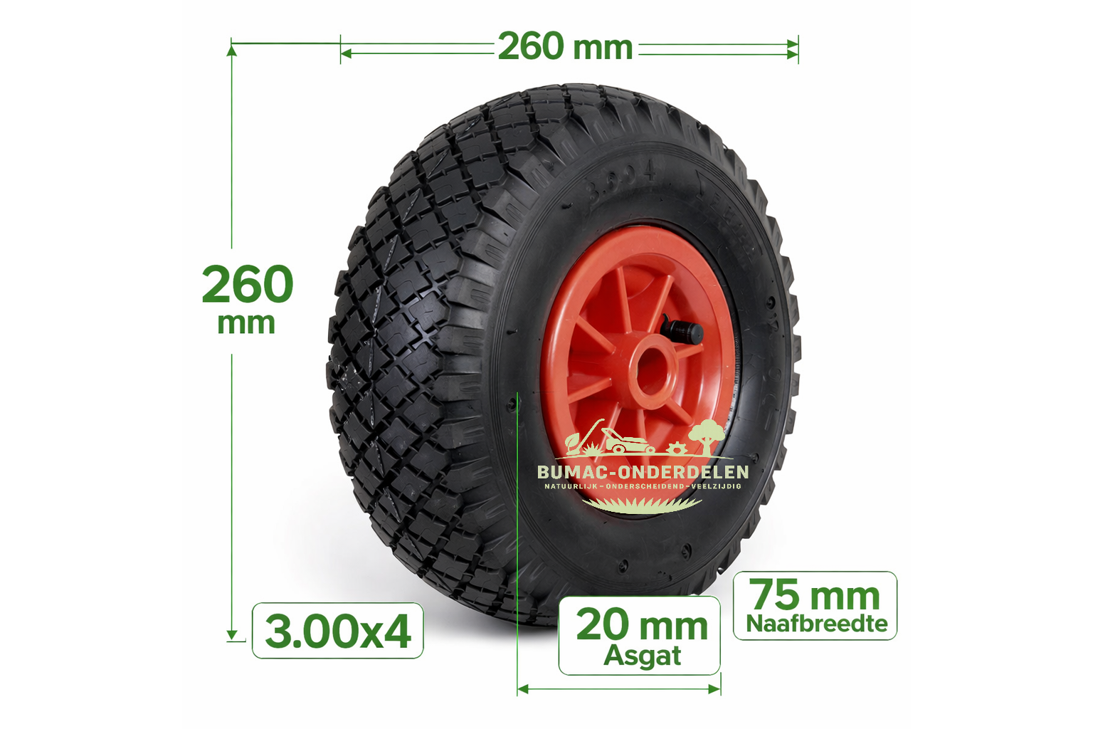 Luchtbandwiel 260 mm 3.00x4 (3.00-4 / 260x85) – kruiwagen wiel / universeel wiel – 20 mm as – 75 mm naaf – kunststof velg – 2PR