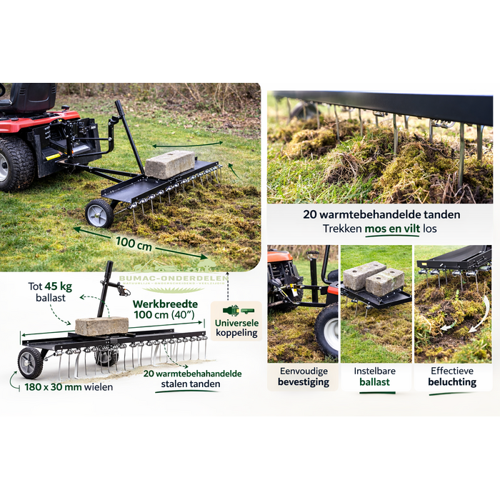Verticuteerhark, ontmosser 100 cm universeel onderdeel achter zitmaaier Husqvarna Stiga MTD John Deere Castelgarden
