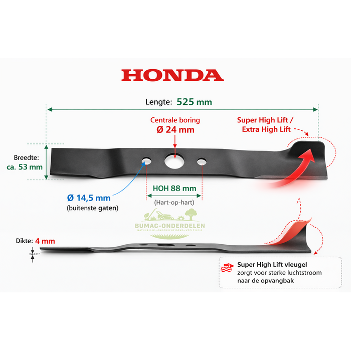Honda Honda HR214 HR216 HR2150 HR2160 Super High Lift Extra High Lift maaimes grasmaaiermes maaiblad onderdeel 525 mm