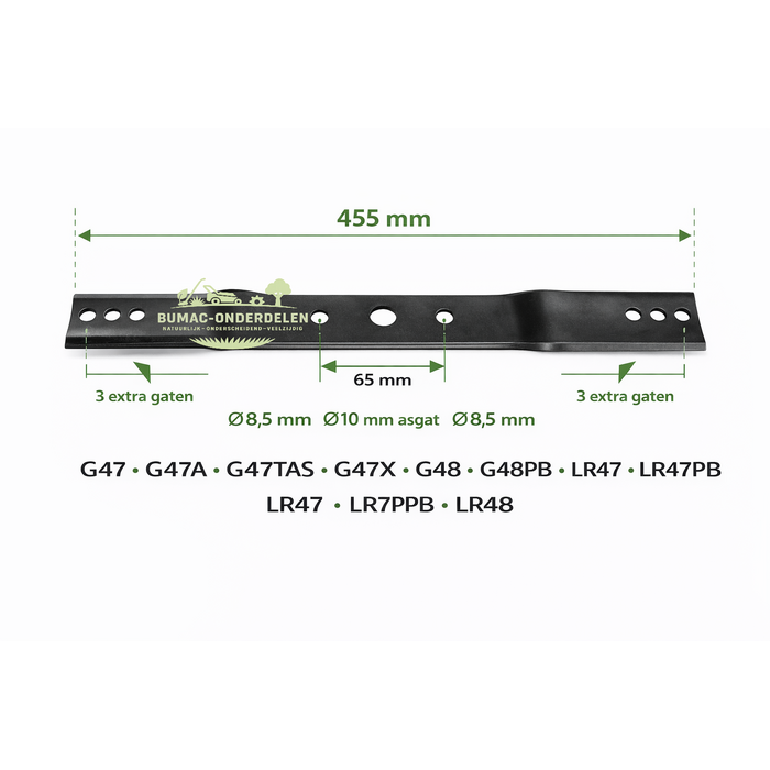 Maaimes onderdeel 455 mm met extra gaten voor Efco LR47 LR47PB LR48 en Oleo-Mac G47 G47A G47TAS G47X G48 G48PB grasmaaiers