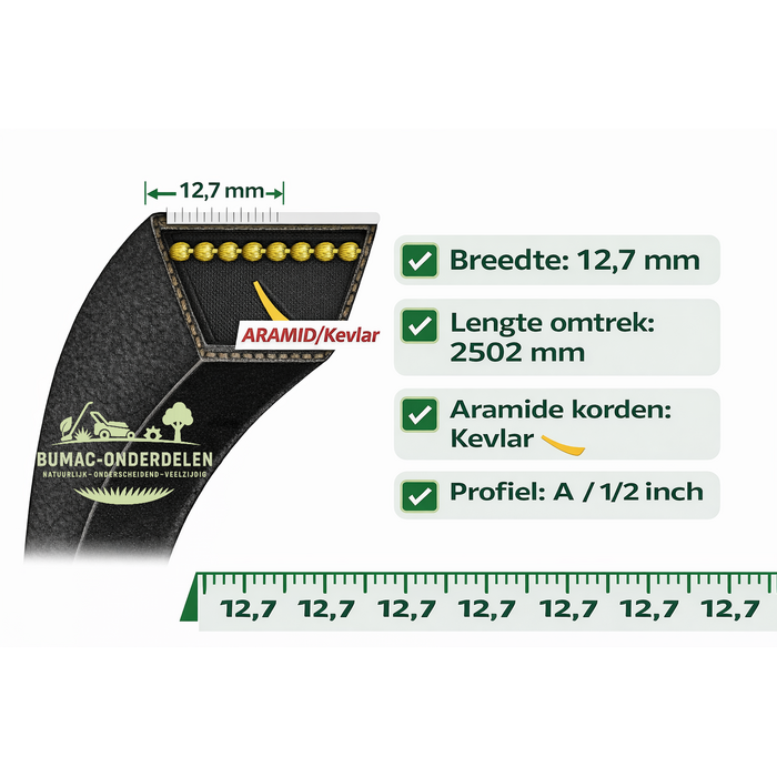 V-snaar maaiaandrijving 42 inch zitmaaier onderdeel John Deere LT155 LT160 LT166 LT170 LT180 Sabre Scotts 42 inch maaidek A-profiel 12,7 x 2502 mm aramide versterkt onderdeel