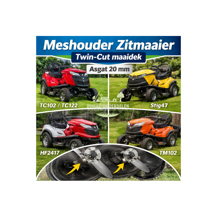 Meshouder zitmaaier maaidek asgat 20 mm onderdeel waar het mes op zit Castelgarden Stiga Honda Viking Mountfield Dolmar TM98 TM102 TM122 Twin-Cut