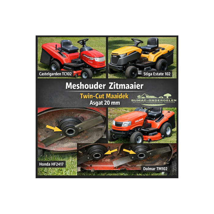 Meshouder zitmaaier maaidek asgat 20 mm onderdeel waar het mes op zit Castelgarden Stiga Honda Viking Mountfield Dolmar TM98 TM102 TM122 Twin-Cut