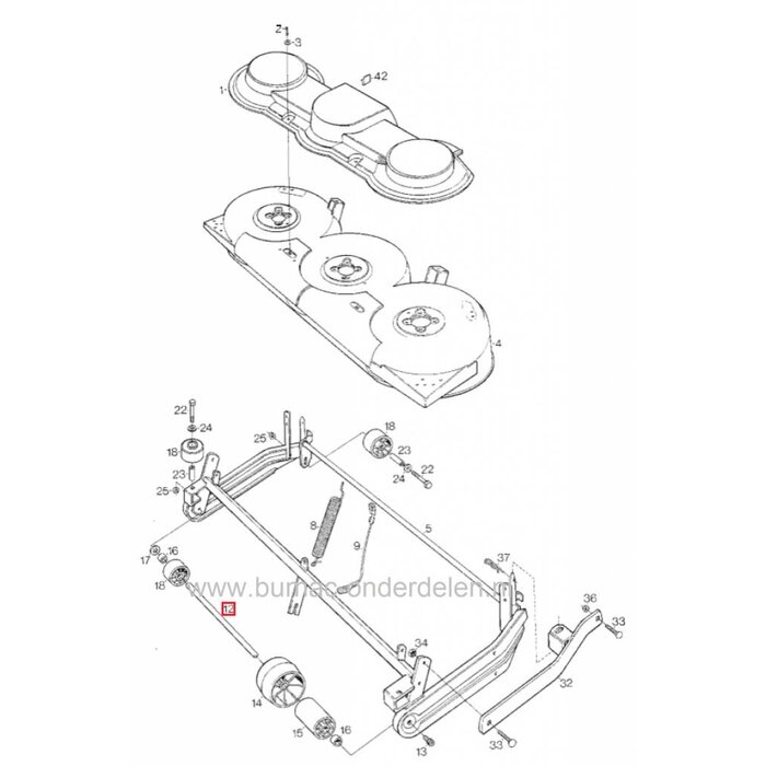 Vooras STIGA Frontmaaiers Park 102M en Villa 102M, As voor de Steunwielen van Castelgarden - Stiga - Alpina - Mountfield Frontmaaiers met een Maaibreedte van 102 Cm