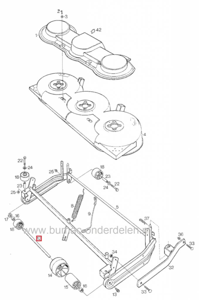 Vooras STIGA Frontmaaiers Park 102M en Villa 102M, As voor de Steunwielen van Castelgarden - Stiga - Alpina - Mountfield Frontmaaiers met een Maaibreedte van 102 Cm