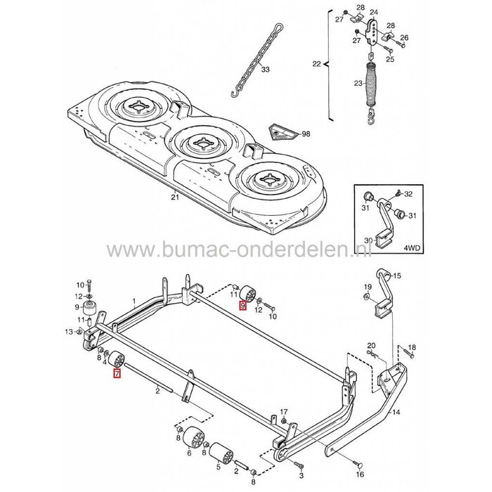 Wiel voor Maaidek Stiga - Castelgarden - Mountfield - GTM - Maestro - MTD, JohnDeere, Sabo, Viking, Stiga Park 100M, 102M, 107M, 110 Combi Pro, 121M, 125, Villa 107M, Combi,Titan 125B - 125H Combi, Steunwiel voor Frontmaaiers, onderdeel