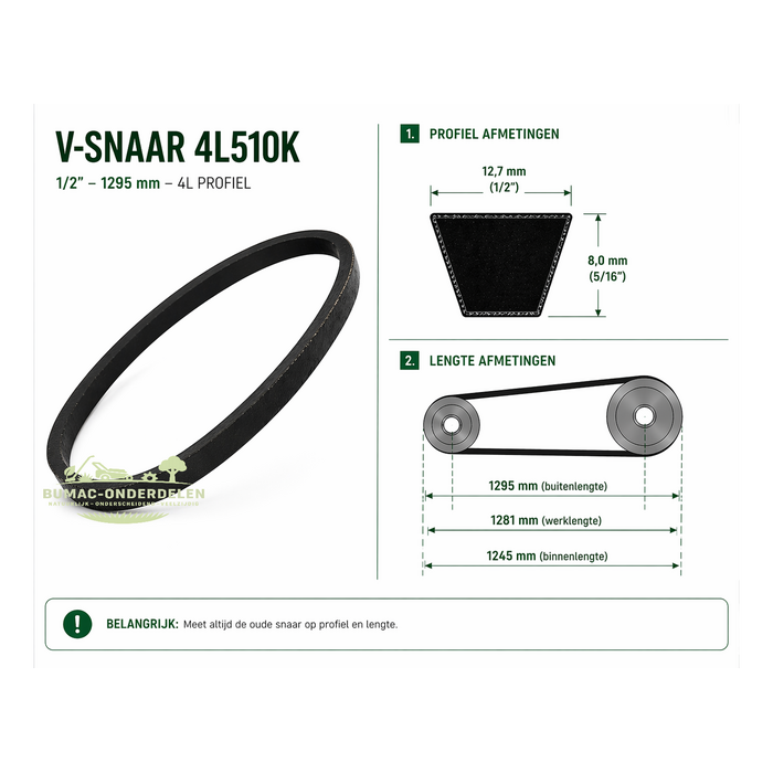 V-snaar 4L510K onderdeel 1/2 inch 12,7 mm – 1295 mm buitenlengte – Kevlar versterkt aandrijving onderdeel voor tuinmachines, hakselaars, versnipperaars en aandrijfsystemen