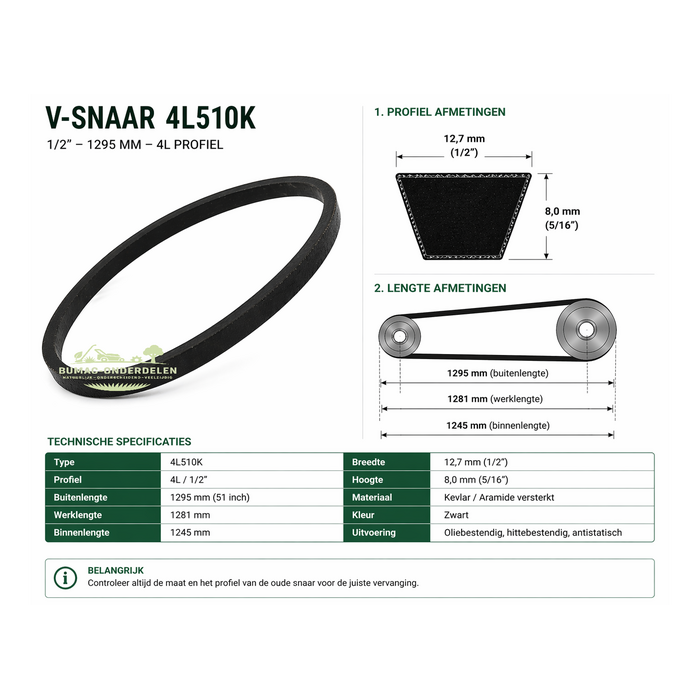 V-snaar 4L510K onderdeel 1/2 inch 12,7 mm – 1295 mm buitenlengte – Kevlar versterkt aandrijving onderdeel voor tuinmachines, hakselaars, versnipperaars en aandrijfsystemen