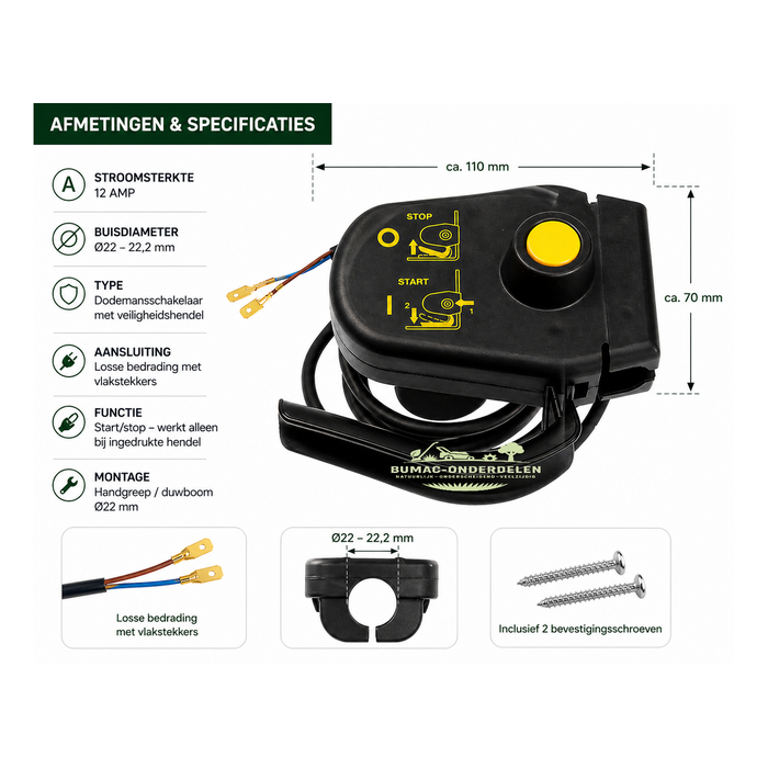 Deze schakelaar voor elektrische grasmaaier en verticuteerder is een betrouwbaar onderdeel Ø22 mm met veiligheidshendel en 12A capaciteit voor vervanging van defecte handgreepschakelaars