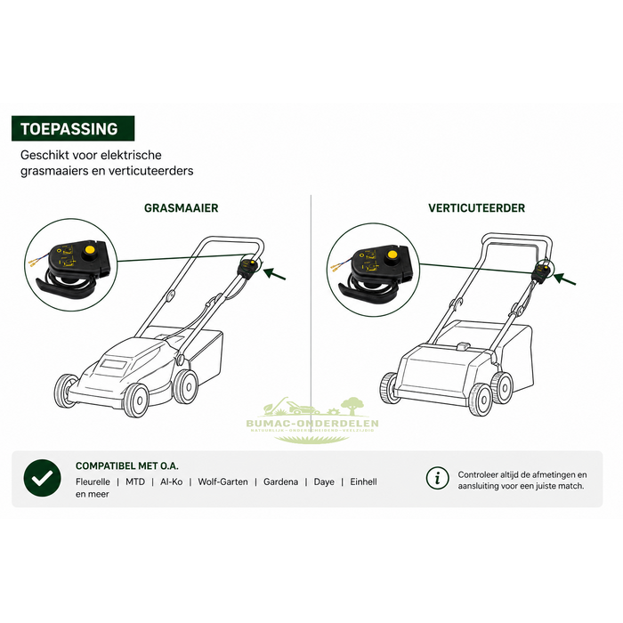 Deze schakelaar voor elektrische grasmaaier en verticuteerder is een betrouwbaar onderdeel Ø22 mm met veiligheidshendel en 12A capaciteit voor vervanging van defecte handgreepschakelaars