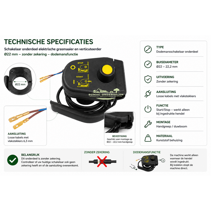 Deze schakelaar voor elektrische grasmaaier en verticuteerder handgreep is een betrouwbaar onderdeel Ø22 mm dodemansschakelaar zonder zekering voor vervanging van defecte schakelaars