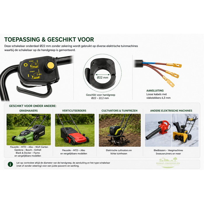Deze schakelaar voor elektrische grasmaaier en verticuteerder handgreep is een betrouwbaar onderdeel Ø22 mm dodemansschakelaar zonder zekering voor vervanging van defecte schakelaars