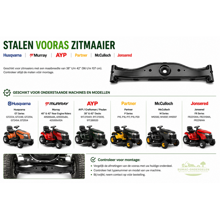 Stalen vooras zitmaaier onderdeel voor AYP Husqvarna Murray Partner McCulloch 38-42 inch LT LTH CT CTH series