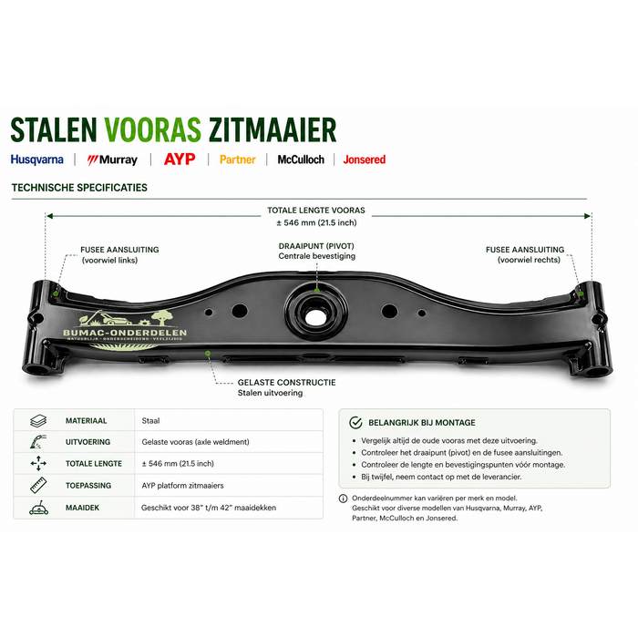 Stalen vooras zitmaaier onderdeel voor AYP Husqvarna Murray Partner McCulloch 38-42 inch LT LTH CT CTH series