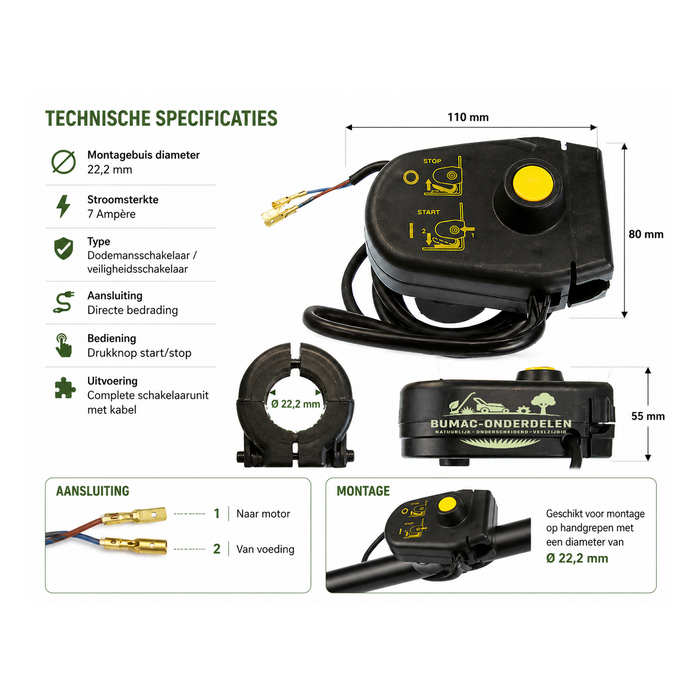 Schakelaar onderdeel elektrische grasmaaier Ø22 mm 7A