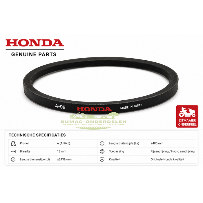 Honda V-snaar onderdeel A-96 rijaandrijving Honda HF2315 HF2315 K1 K2 K3 HF2417 HF2417 K1 K3 K4 HF2620 HF2620 K1 HF2622 HF2622 K1 zitmaaier hydro aandrijfriem