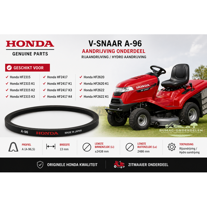 Honda V-snaar onderdeel A-96 rijaandrijving Honda HF2315 HF2315 K1 K2 K3 HF2417 HF2417 K1 K3 K4 HF2620 HF2620 K1 HF2622 HF2622 K1 zitmaaier hydro aandrijfriem