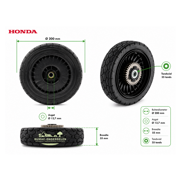 Achterwiel met tandwiel Honda HRD 535 HRD 536 HRD 536C HRB 535 HRB 536 HRB 536C HRH 536 onderdeel Ø200 mm aangedreven wiel grasmaaier