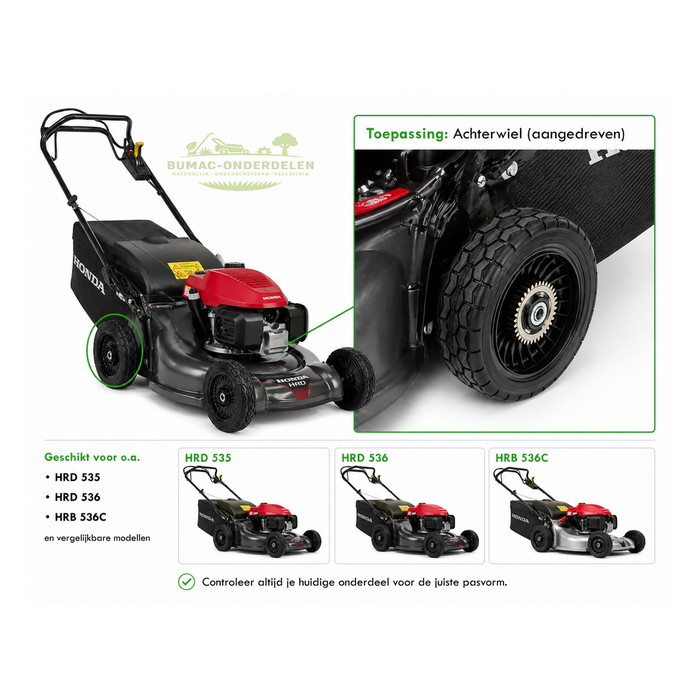 Achterwiel met tandwiel Honda HRD 535 HRD 536 HRD 536C HRB 535 HRB 536 HRB 536C HRH 536 onderdeel Ø200 mm aangedreven wiel grasmaaier