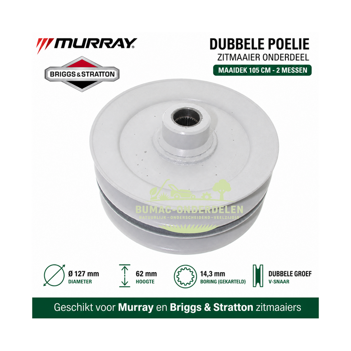 Riemschijf Dubbele poelie Murray zitmaaier onderdeel Briggs & Stratton maaidek 105 cm 2 messen aandrijfpoelie Ø127 mm