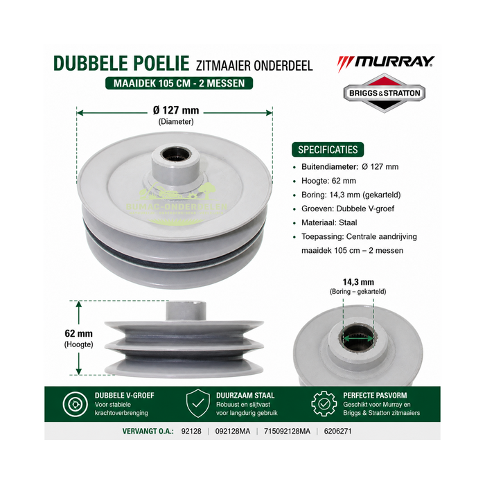 Riemschijf Dubbele poelie Murray zitmaaier onderdeel Briggs & Stratton maaidek 105 cm 2 messen aandrijfpoelie Ø127 mm