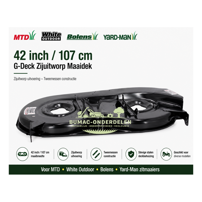 Maaidek 42 inch 107 cm zijuitworp voor MTD White Bolens Yard-Man Yard Machines Huskee Lawnflite en Ranch King – compleet G-deck maaidek voor oudere tweemessen zitmaaiers, onderdeel