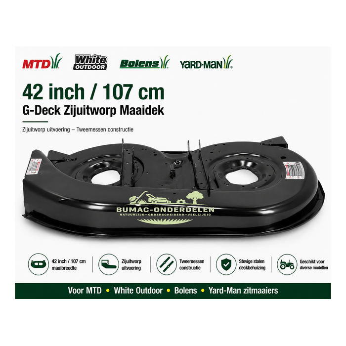 Maaidek 42 inch 107 cm zijuitworp voor MTD White Bolens Yard-Man Yard Machines Huskee Lawnflite en Ranch King – compleet G-deck maaidek voor oudere tweemessen zitmaaiers, onderdeel