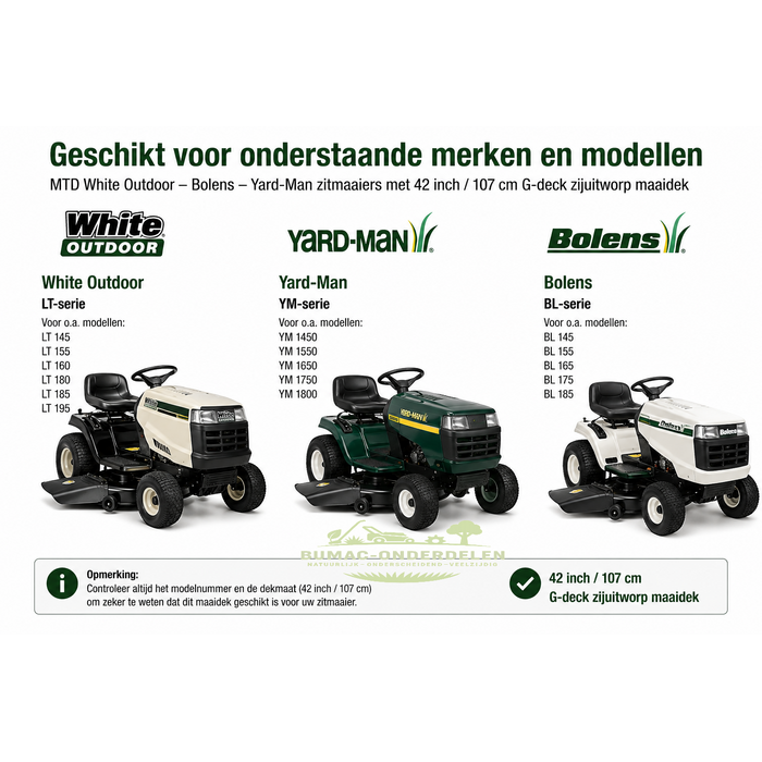 Maaidek 42 inch 107 cm zijuitworp voor MTD White Bolens Yard-Man Yard Machines Huskee Lawnflite en Ranch King – compleet G-deck maaidek voor oudere tweemessen zitmaaiers, onderdeel