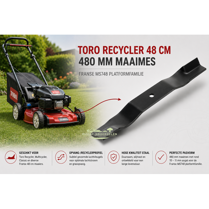 Toro 48 cm maaimes 480 mm met 11 mm rond asgat voor Toro Recycler, Toro Multicycler, Granja MS748, NS748, GT48 en Franse 48 cm loopmaaiers | Onderdeel