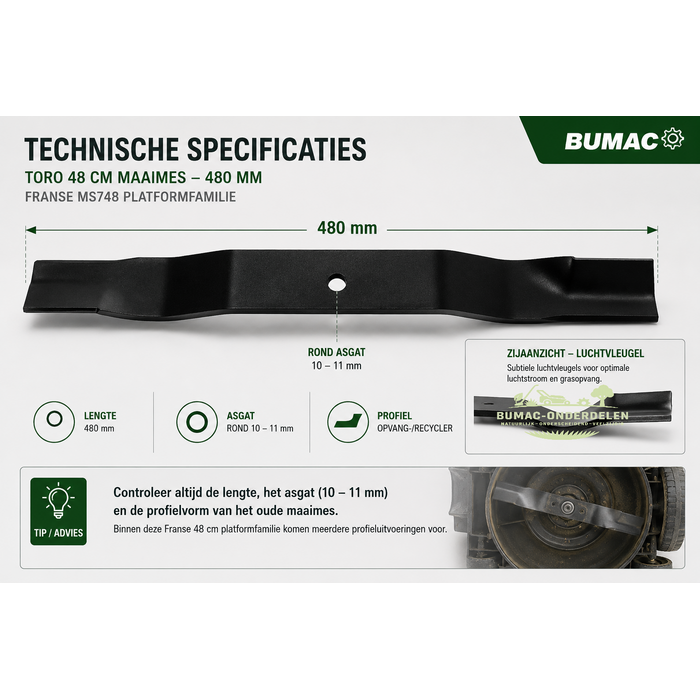 Toro 48 cm maaimes 480 mm met 11 mm rond asgat voor Toro Recycler, Toro Multicycler, Granja MS748, NS748, GT48 en Franse 48 cm loopmaaiers | Onderdeel