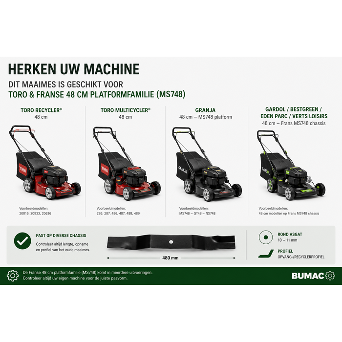 Toro 48 cm maaimes 480 mm met 11 mm rond asgat voor Toro Recycler, Toro Multicycler, Granja MS748, NS748, GT48 en Franse 48 cm loopmaaiers | Onderdeel