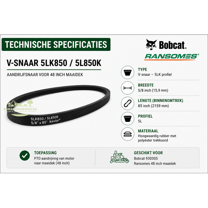 V-snaar 5LK850 85 inch voor Bobcat Ransomes 48 inch hydro walk-behind maaidek PTO aandrijving