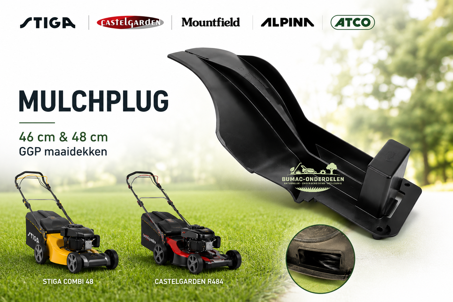 Mulchplug onderdeel voor Stiga Combi 48, Turbo 48, Collector 48, Combi 48 SQ, Castelgarden R484, Mountfield SP454, Alpina BL 480 en ATCO 46 48 grasmaaiers met 46 cm en 48 cm GGP maaidek