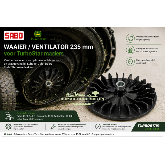 Sabo en John Deere waaier onderdeel 235 mm voor 43-EL, 43-EL Compact, 43-EL TurboStar en verwante elektrische TurboStar grasmaaiers – ventilatorwaaier voor grasopvang en luchtstroom
