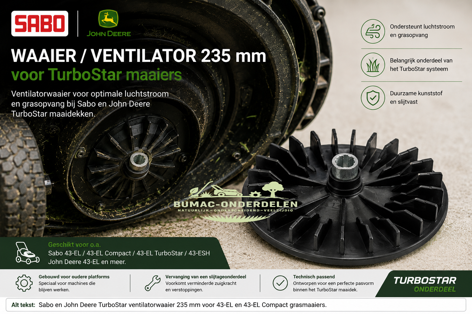 Sabo en John Deere waaier onderdeel 235 mm voor 43-EL, 43-EL Compact, 43-EL TurboStar en verwante elektrische TurboStar grasmaaiers – ventilatorwaaier voor grasopvang en luchtstroom