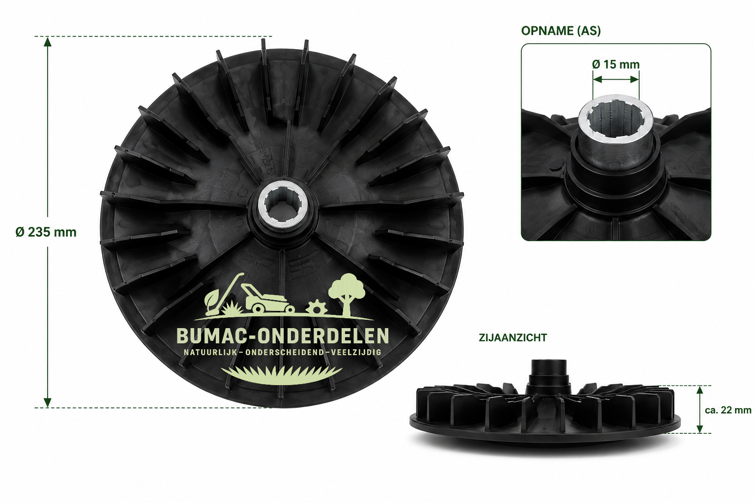Sabo en John Deere waaier onderdeel 235 mm voor 43-EL, 43-EL Compact, 43-EL TurboStar en verwante elektrische TurboStar grasmaaiers – ventilatorwaaier voor grasopvang en luchtstroom