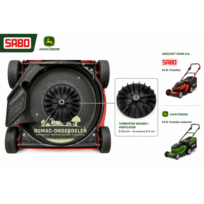 Sabo en John Deere waaier onderdeel 235 mm voor 43-EL, 43-EL Compact, 43-EL TurboStar en verwante elektrische TurboStar grasmaaiers – ventilatorwaaier voor grasopvang en luchtstroom
