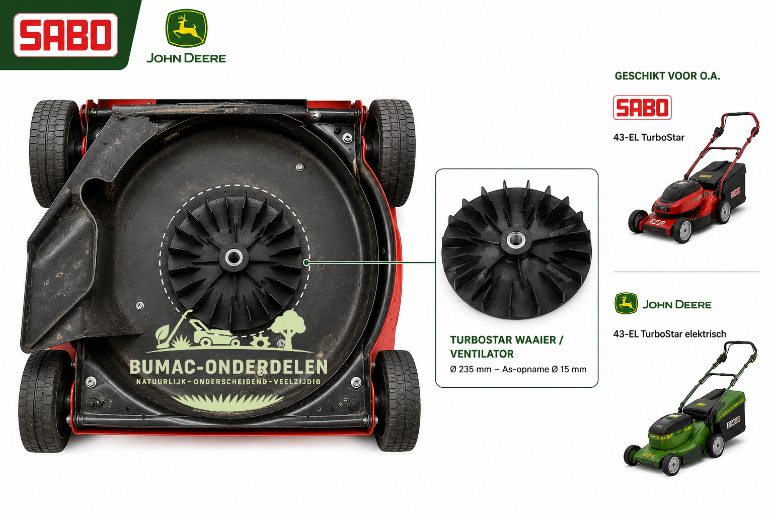 Sabo en John Deere waaier onderdeel 235 mm voor 43-EL, 43-EL Compact, 43-EL TurboStar en verwante elektrische TurboStar grasmaaiers – ventilatorwaaier voor grasopvang en luchtstroom
