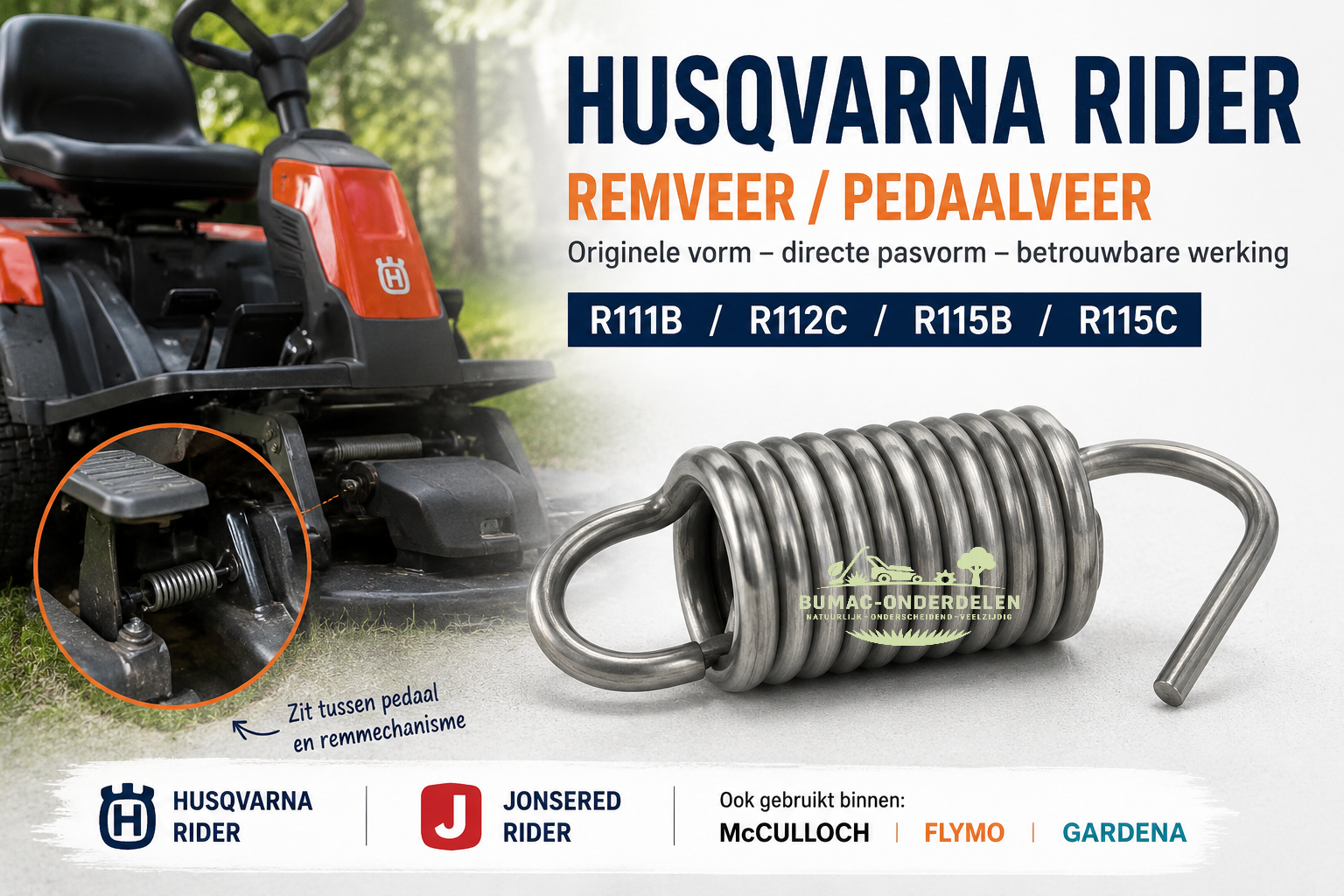 Husqvarna Rider remveer onderdeel voor Husqvarna Rider R111B R112C R115B R115C en Jonsered Rider frontmaaiers – rempedaal blijft hangen of komt slecht terug