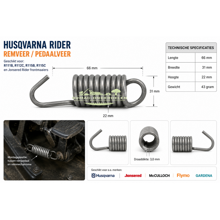 Husqvarna Rider remveer onderdeel voor Husqvarna Rider R111B R112C R115B R115C en Jonsered Rider frontmaaiers – rempedaal blijft hangen of komt slecht terug