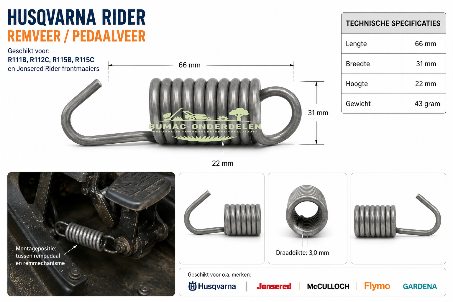 Husqvarna Rider remveer onderdeel voor Husqvarna Rider R111B R112C R115B R115C en Jonsered Rider frontmaaiers – rempedaal blijft hangen of komt slecht terug