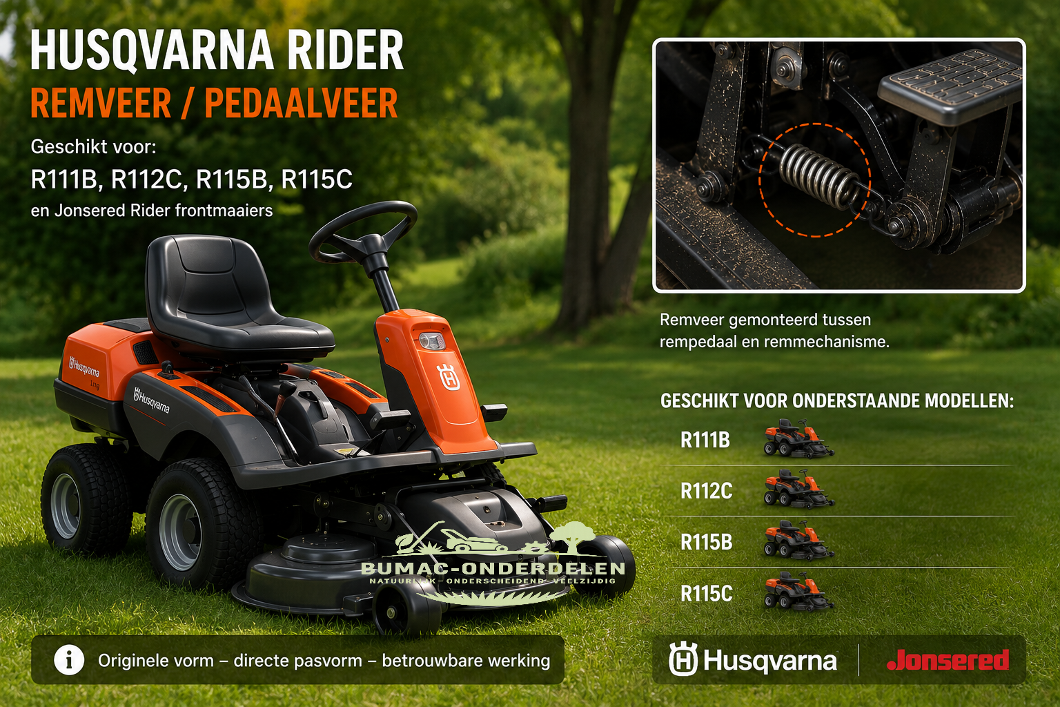 Husqvarna Rider remveer onderdeel voor Husqvarna Rider R111B R112C R115B R115C en Jonsered Rider frontmaaiers – rempedaal blijft hangen of komt slecht terug